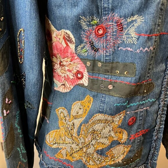 Chico's Beaded & Sequined Patchwork Denim Jacket, Size 0 (US Small/4) - Picture 4 of 15